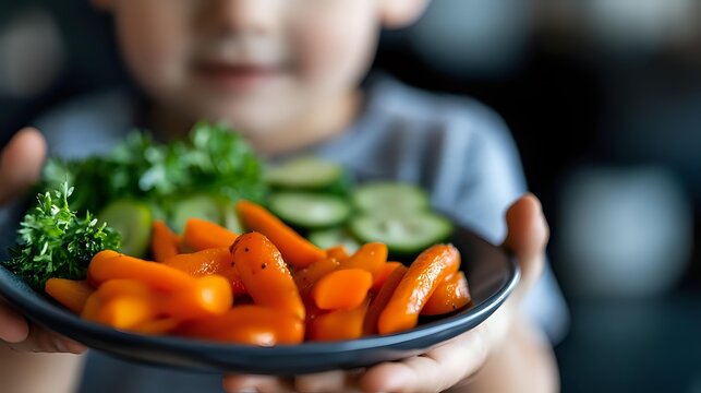 Young child holding plate with fresh cut vegetables including bright orange baby carrots, cucumber slices and green parsley, promoting healthy eating habits.
