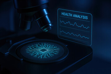Health analysis concept with microscope and digital interface showing waveform data, futuristic technology for medical research and diagnostics in dark laboratory environment