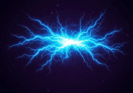 Dynamic blue lightning strikes across a dark cosmic background with glowing particles, illustrating powerful energy and natural forces for science and technology themes.