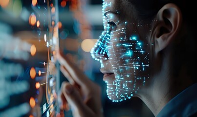 Digital biometric scanning technology with glowing blue grid pattern mapping facial features against dark background with bokeh lights for security systems.