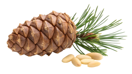 whole pine cones , pine cone and pine nut , pine nut with one pine cone and leaves isolated on transparent background