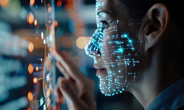 Digital biometric scanning technology with glowing blue grid pattern mapping facial features against dark background with bokeh lights for security systems.