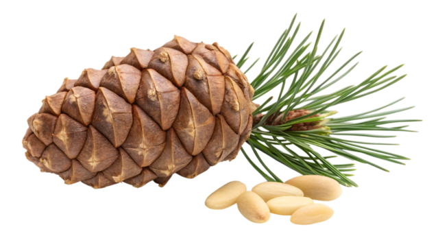 whole pine cones , pine cone and pine nut , pine nut with one pine cone and leaves isolated on transparent background