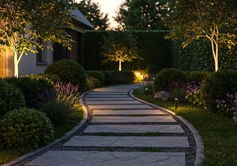 Fototapeta premium Illuminated garden path at night with surrounding plants and trees
