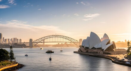 Naklejka premium Sydney Harbour Icons at Golden Hour: Opera House, Harbour Bridge, and City Skyline