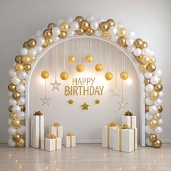 Elegant white and gold balloon arch birthday party decoration