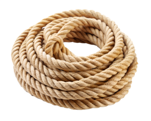 Coiled thick natural fiber rope isolated on transparent background