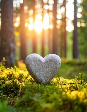 Heart-shaped stone in forest at sunset
