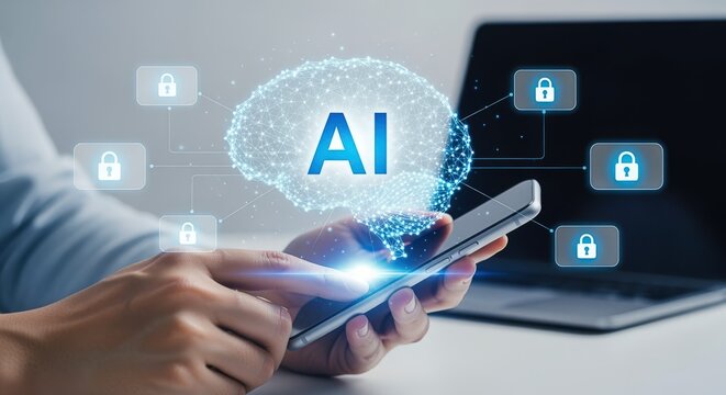 Artificial Intelligence Security on Mobile Device: Conceptual Image of Data Encryption and Digital Protection - Powered by Adobe