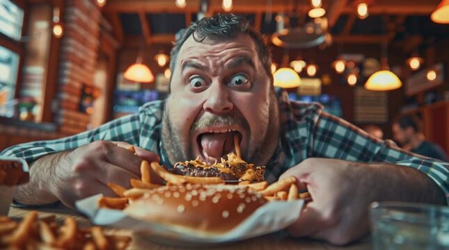 Man aggressively eating burger and fries at restaurant table
