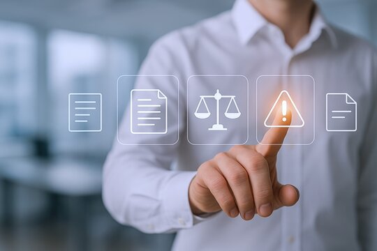 Compliance Concept: Man Interacting with Virtual Compliance Icons Representing Regulatory Standards and Business Risk Management