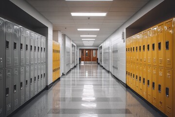 Modern school hallway with colorful metal lockers and polished floors. concept of education