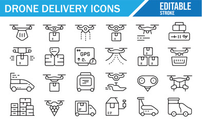 Set of icons representing drone delivery, GPS tracking, and package logistics.