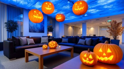 Cozy Business Lounge Decorated for Halloween Featuring Glowing Jack-O'-Lanterns and Modern Ambiance