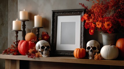 Decorative Rustic Mantel with Empty Photo Frame and Autumnal Décor Featuring Skulls and Pumpkins