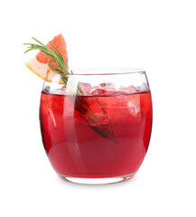 Tasty cocktail with grapefruit, ice cubes and rosemary isolated on white