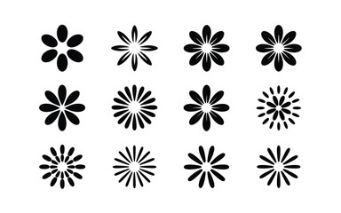 Set of Twelve Black and White Flower Designs: Abstract Petal Arrangements for Graphic Design, Illustration, Decoration, and Botanical Art Projects