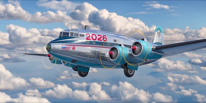 A polished vintage four-engine airplane soars through a clear blue sky, featuring bold 2026 markings to celebrate the New Year, symbolizing travel, adventure, and fresh beginnings.