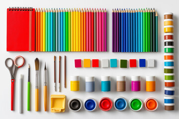 Obraz premium A neatly arranged flat lay of colorful school supplies, pencils, notebooks, scissors, watercolor paints, and rulers, white isolated background