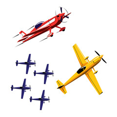 A collection of planes: a red aerobatic plane, a yellow propeller plane, and a formation of four blue planes. Dynamic vector illustration for aviation themes.