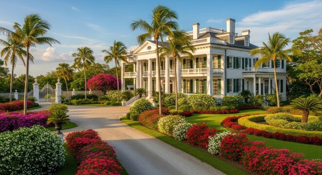 Elegant Southern-style mansion with a beautifully landscaped garden, vibrant flowers, and a grand driveway entrance.