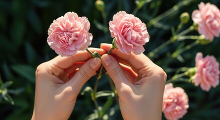 Obraz premium Person's hands gently holding two pink carnation flowers in a garden