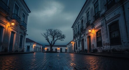 Serene Night in a Historic Town Square with Cobblestone and Glowing Lights