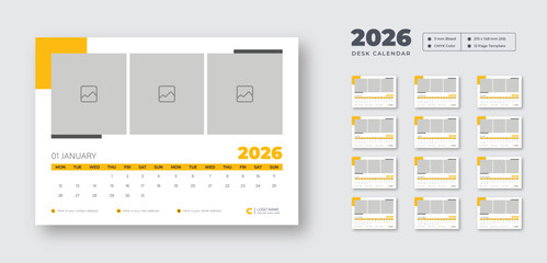 2026 modern desk calendar | Printable monthly planner | Week starts on Monday | Editable vector template for digital or print use