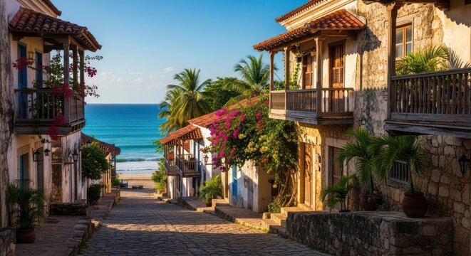 Fototapeta Idyllic street leading to the beach in Las Terrenas, Dominican Republic