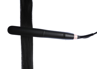 Straightener with black hair lock isolated on white