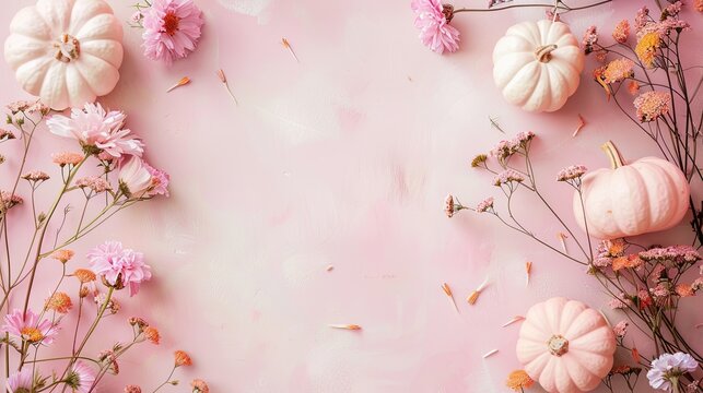 Pastel pumpkins and delicate flowers on pink textured background, copy space.