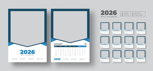 Printable 2026 wall calendar | 12-page editable vector layout with minimal monthly planner | Perfect for home, office, or studio