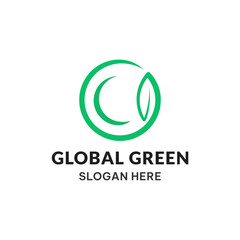 Eco Globe Leaf Line Art Logo Design. Green Nature Earth Outline Vector Symbol. Global Green Icon Illustration