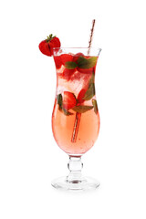 Refreshing strawberry cocktail with mint in glass isolated on white