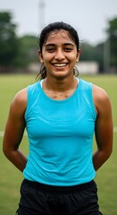 Fototapeta premium Athlete posing on a grass field after her training session with a bright smile showing her dedication to sports and fitness.