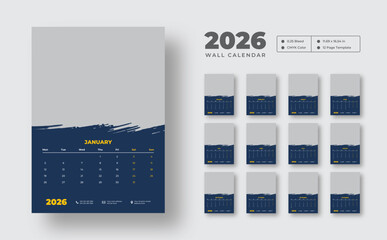 2026 wall calendar template | Clean 12-page monthly planner in vector format | Editable and printable wall design for scheduling