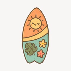 Colorful surfboard with playful design.
