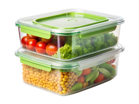 Stackable food storage containers with fresh vegetables and fruits, isolated on transparent background