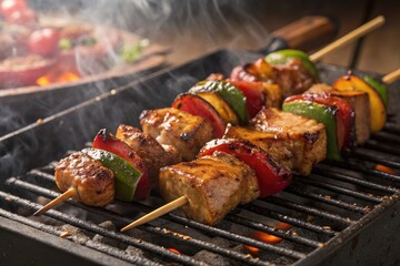 Grilling Delicious Skewers With Colorful Vegetables and Meats Outdoors