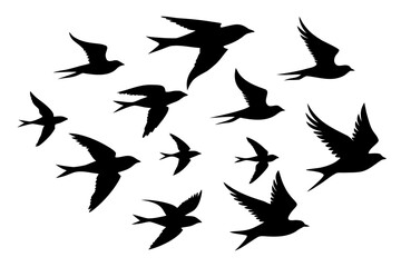 Flock of flying birds silhouette vector, Flying bird black silhouette vector set