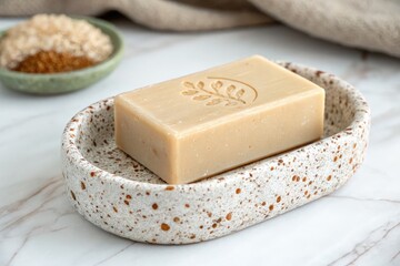 Natural Handmade Soap Displayed on a Textured Tray With Ingredients Nearby