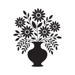 Elegant floral arrangement of daisies and leaves within a decorative black vase. Vector black silhouette. with white background.