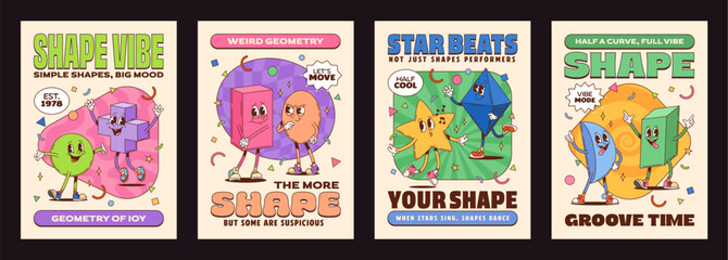 Math shape groovy characters posters. Retro cartoon geometric figures like cube, star, sphere, cross and prism dancing and expressing emotions with playful slogans, creating funky, nostalgic y2k vibe