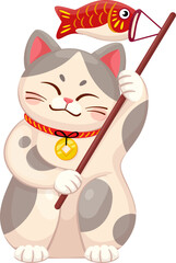 Maneki neko Japanese lucky cat with koi fish kite for luck and fortune, cartoon vector. Maneki neko cat animal toy character with Chinese koi fish kite, golden coin on collar and happy smile for luck