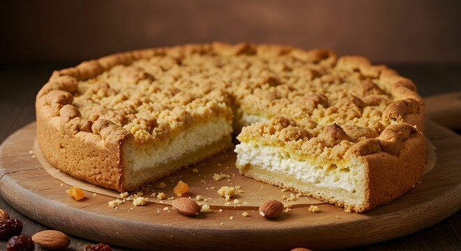 Valassky frgal, the traditional Moravian open pie displayed whole and sliced to reveal its thin yeasted crust filled with sweet quark cheese and topped with streusel