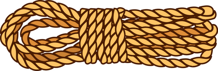 Cartoon groovy corsair and pirate coiled rope featuring thick, twisted, textured strands and and neatly tied, representing strong and durable material used for sailing, ranching and climbing © Buch&Bee