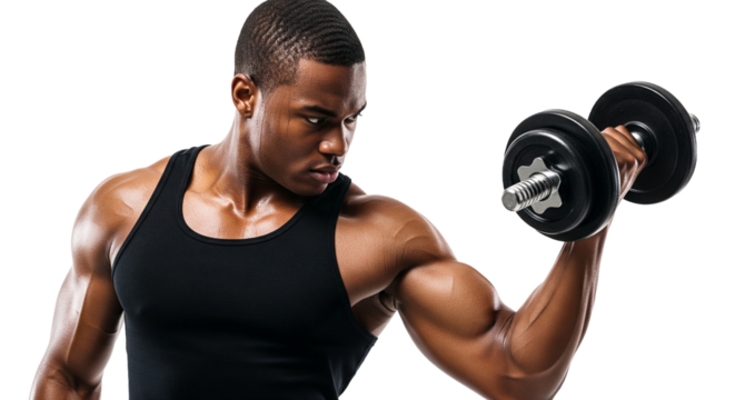 Athletischer schwarzer Mann mit Hantel, transparenter Hintergrund, PNG
