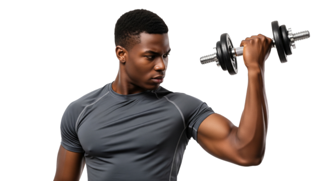 Athletischer schwarzer Mann mit Hantel, transparenter Hintergrund, PNG
