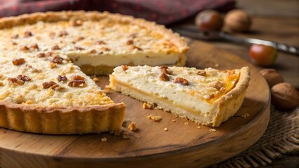 Valassky frgal, the traditional Moravian open pie displayed whole and sliced to reveal its thin yeasted crust filled with sweet quark cheese and topped with streusel