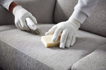 Hands in white gloves clean a light gray couch with a brush and sponge
